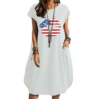 Puawkoer Дами отпечатана рокля с къс ръкав за жени летни рокли за кръг с джоб с джоб 4 юли САЩ флаг памучно бельо свободна рокля