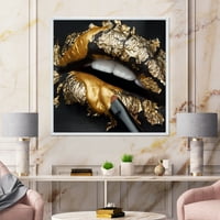 Женски устни с черна кожа и златно фолио рамка живопис платно Арт Принт