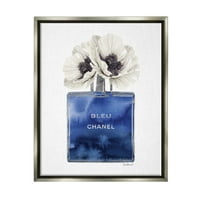 Ступел индустрии моден дизайнер парфюм цвете синьо акварел блясък сива рамка плаващо платно стена изкуство, 16х20