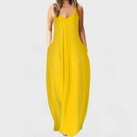 Летни рокли за жени, които са сливат средна талия с v-образно деколте без ръкави, солиден цвят тънък парти плаж дълга рокля жълта,