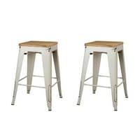 Дизайн група брояч Височина Метални табуретки с лека дървена седалка, антично бяло, комплект от 2