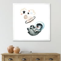 Малък пингвин с планети и звезди в рамка Арт Принт
