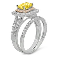 3.05ct блестящ изумруден крой симулиран жълт диамант 14k бял розов златен халианс с акценти булчински комплект SZ 3.5
