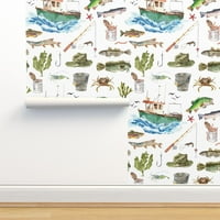 Swatch на Peel & Stick Wallpaper - акварелен къмпинг приключенска риба лодка Морски риболов Персонализиран сменяем тапет от Spoonflower