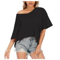 Дамски моден масивен цвят v шия с къси ръкав свободни върхове тениски черни xxl