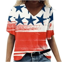 Дамски блузи Женски моден ежедневен свободен ден на независимостта щампа с къс ръкав v тениска на шията Най-висок флот XXL