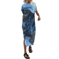 Лятна ежедневна мода за жени с късо ръкав o ший на шията флорална рокля от печат син xl