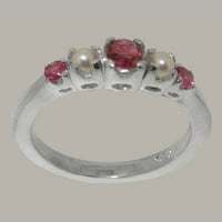 Британски направени със сребърен пръстен със стерлинги с естествен розов турмалин и култивирана перлена женска лента пръстен -