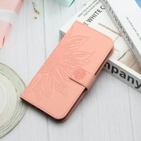 Feishell Slim портфейл за T-Mobile Revvl V+ 5G, за мъже жени, слънчогледов релефен модел PU кожа Флип Капак Магнитно затваряне на фолио карти слотове за крак с калъф с ръка, розово