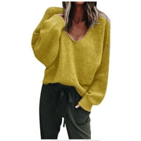 Huaai пуловери за жени пуловер с V-образно деколте, удобен за дълги ръкави Леки ежедневни пуловери за жени Жълти L