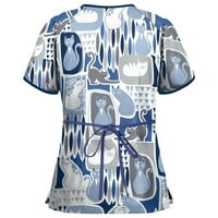 Дамски летни върхове с къс ръкав работно облекло Блуза Графични щампи Женски ризи V-образен син XL