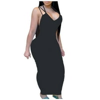 Женски ежедневни рокли за жени парти рокли свободни без ръкави със средна дължина извън рамото Midi Solid Black L