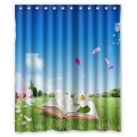 Greendecor Хубава отворена книга с цвете в зелена тревна площта водоустойчив душ завеса с куки аксесоари за баня размер