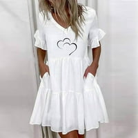 Finelylove mini рокли дребни макси рокли v-образни флорални къси ръкави слънчева рокля бяла