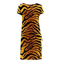 Дамски лято Bodycon Sundresses Tunic с къс ръкав Crewneck Ruched Ressing Side Split Hem Striped Tiger Print Dropstring рокли