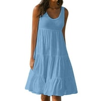 Небрежни рокли за жени лъжичка шия солидна слънчева рокля дължина на коляното свободно време без ръкави рокля синьо 3xl