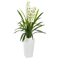 Почти естествена пластмаса 4.5 ' зелена Цимбидиева Орхидея изкуствено растение в бял Сеялка