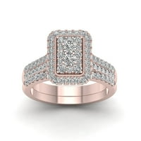 1к ТДВ диамант 14к Розово злато клъстер ореол сватбен пръстен комплект