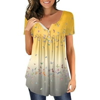 Жени върхове флорални отпечатани туника с къс ръкав тениски лято Хенли сладък тениска облечени ежедневни блузи прости дрехи