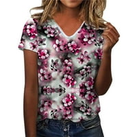 Тениски за жени свободни годни летни къси ръкави v Врат флорални отпечатани ризи Tee Tunic Женски тениски