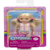 Барби Челси Малка кукла с руса коса в пигтейли и сини очи в подвижна раирана рокля