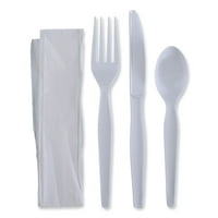 Комплект прибори за хранене от четири части, вилица нож салфетка чаена лъжичка, тежка категория, бял, 250 КТ