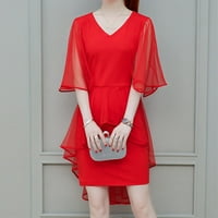 ertutuyi жени модна лятна дама елегантна v-образно деколте с късо ръкав чист цветна рокля червен xl