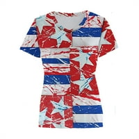 Жени V-образни винтидж американски флаг риза за печат блуза САЩ звездни ивици с къс ръкав тениска летни върхове червени s