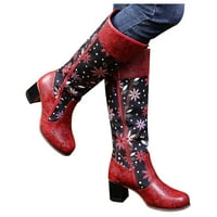 Puawkoer Toe Print Retro Booties Shoes Цветя жени кръгла бродерия токчета с цип средни женски ботуши
