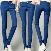 Женски дънки панталони с висока талия на талията с тънки панталони с твърд цвят с джобове небрежни панталони сини L