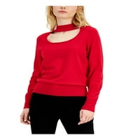 Дамски червен изрязан монтиран ребро сплетена облицовка с дълъг ръкав макетен пуловер с врата m