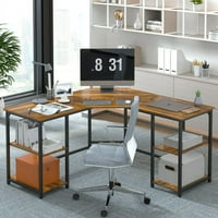 Г-образно ъглово компютърно бюро с два рафта за съхранение, 57 голяма равна работна маса за домашен офис-кафява